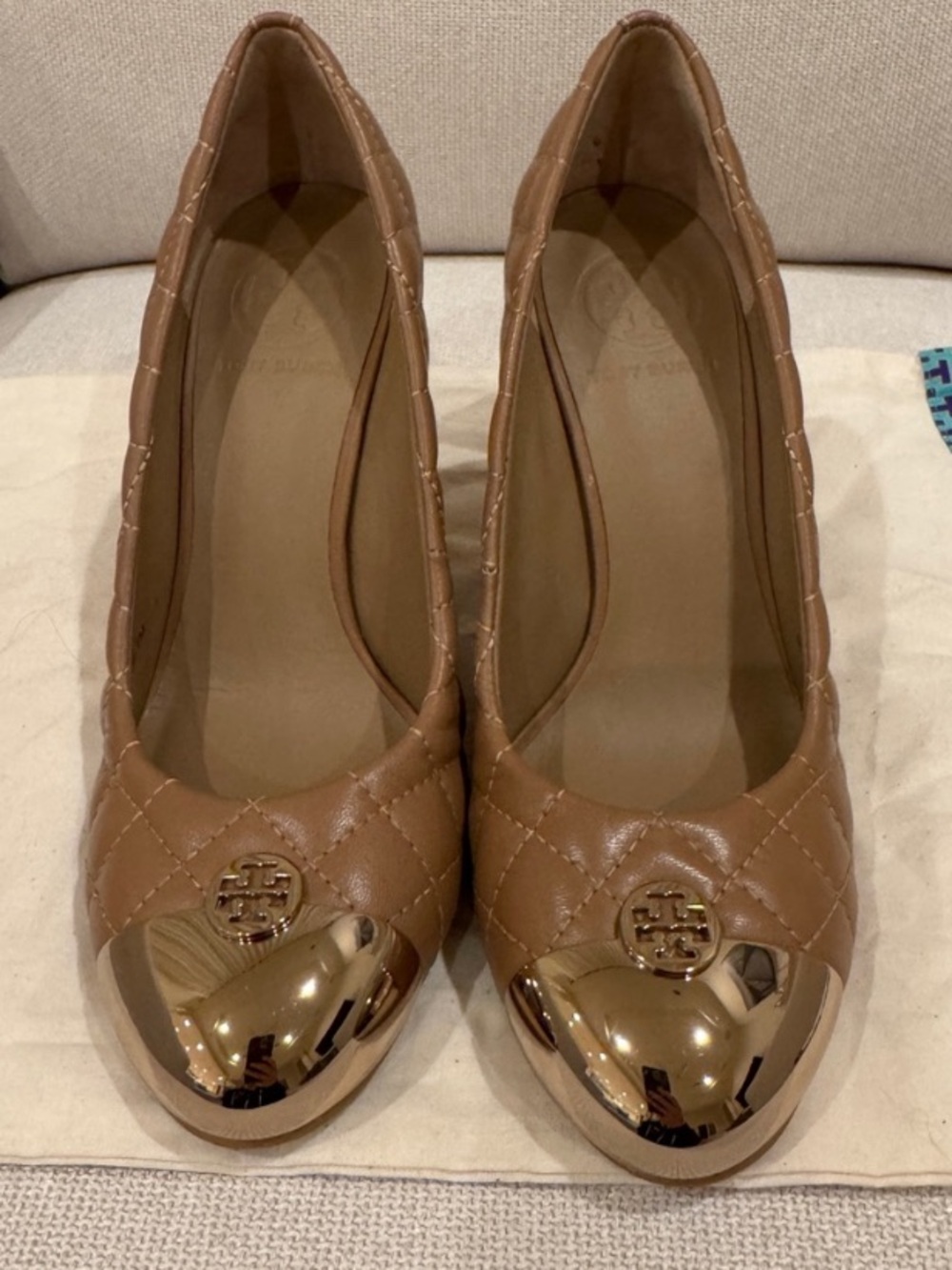 Tory Burch Quilted Tan Leather wedge with Gold Cap Toe